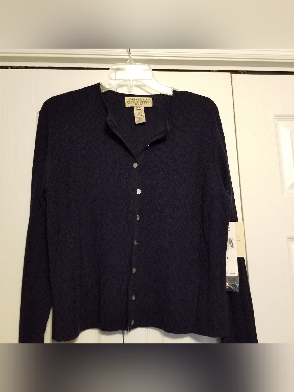 Jones New York Country Navy Blue Merino Wool Cable Knit Button-Up Cardigan NWT